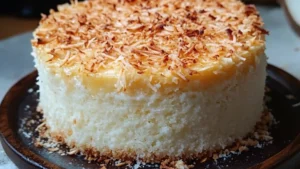 coconut custard cake on a plate with the rest of the cake in the background