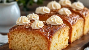 there is a piece of traditional ukraine honey cake on the plate with whipped cream on top