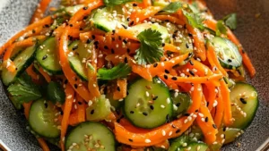Asian-inspired carrot and cucumber salad with sesame seeds and chili flakes in a bright bowl.
