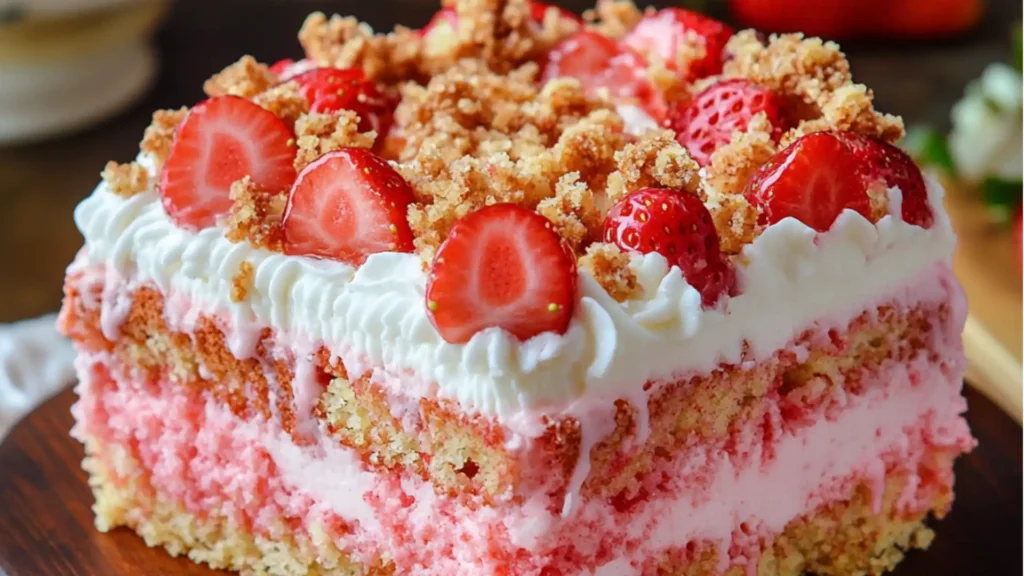 a piece of strawberry cake on a white plate with strawberries next to it and another slice in the background