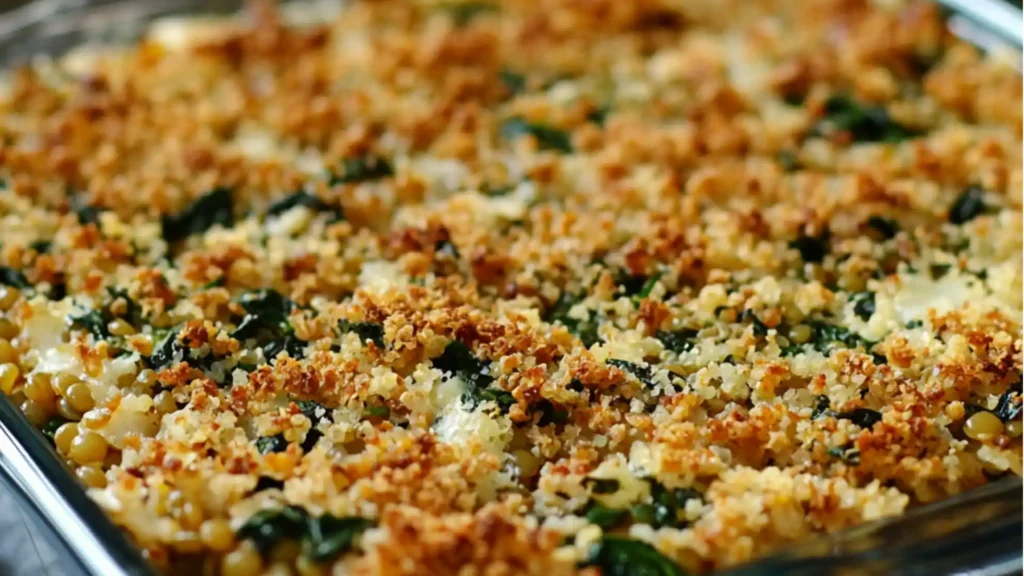 A warm, hearty quinoa lentil spinach bake shown ready to serve in a baking dish. This nutritious quinoa lentil spinach bake makes a satisfying meal.