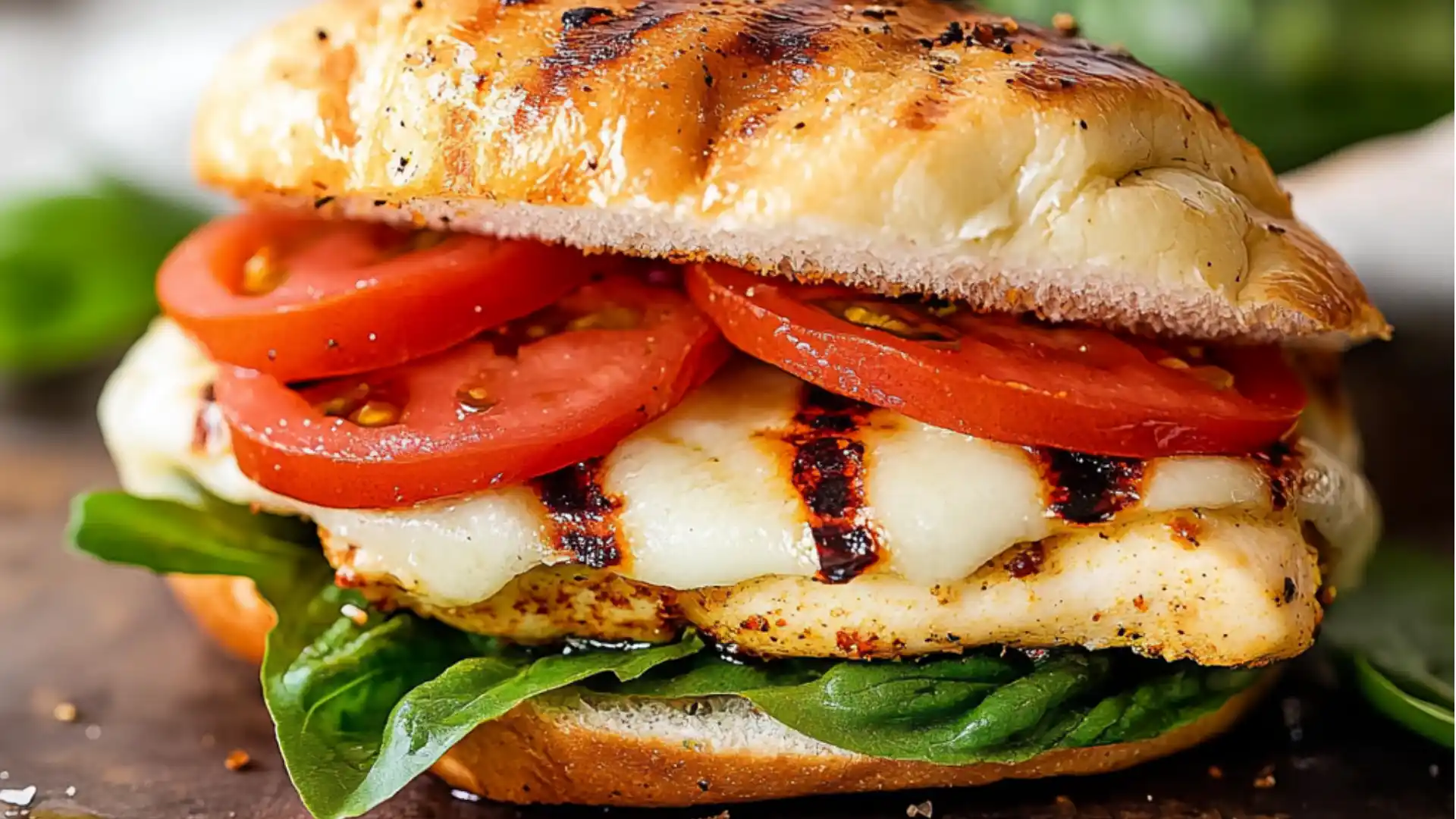 chicken caprese sandwich with tomatoes, lettuce and mozzarella cheese